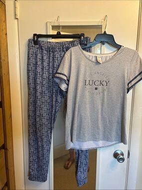 Lucky Brand Heather Gray Short Sleeve Pajama Top with Navy Print Pants
